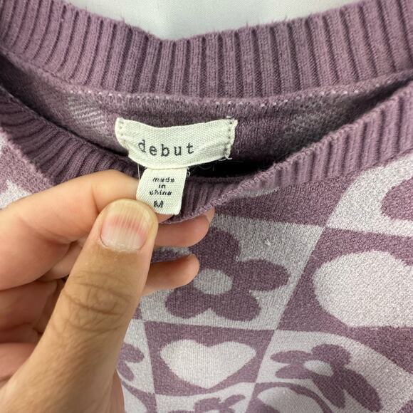 Debut Retro Purple Floral / Hearts Crop Sweater Size Medium Hippy Groovy Y2K - Picture 3 of 3